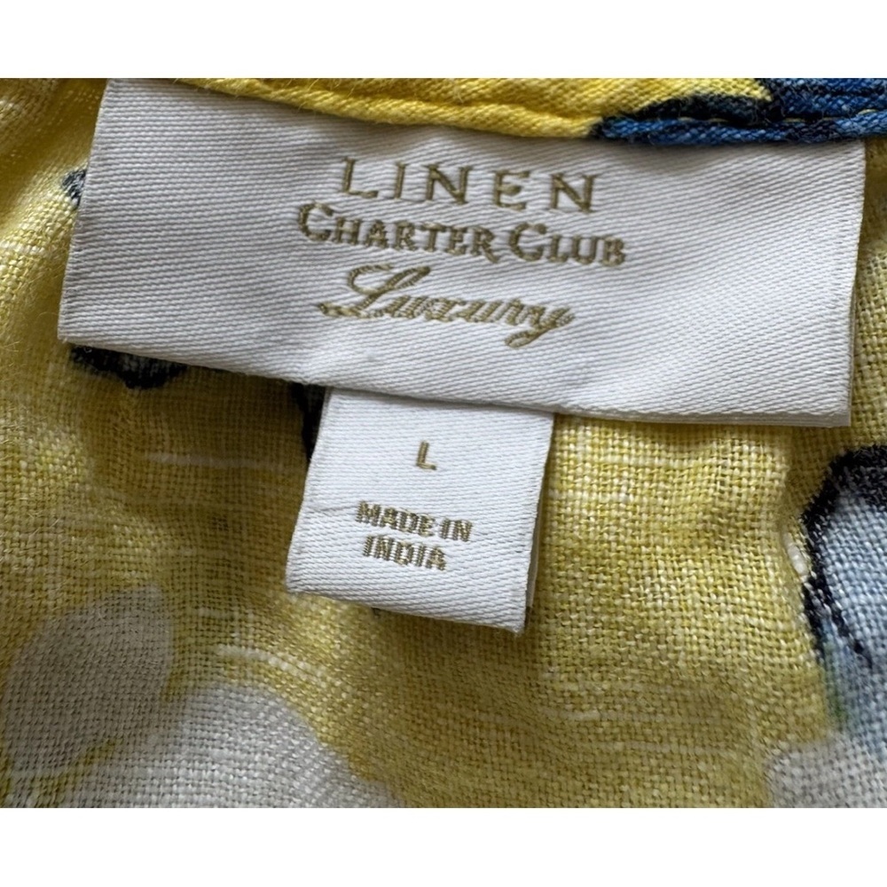 Charter Club Luxury 100% Linen Top Large Yellow Floral V-Neck Short Sleeve Tie - Picture 4 of 6